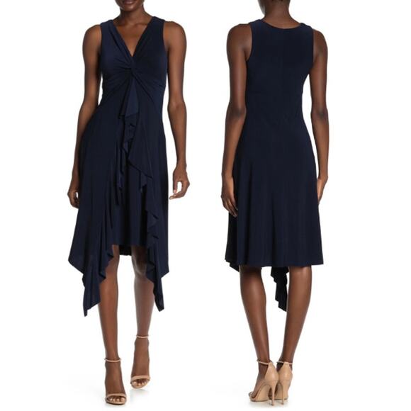 NWT Taylor V-Neck Twist Knot Sharkbite Hem A-Line Midi Dress Navy Women's Size 6